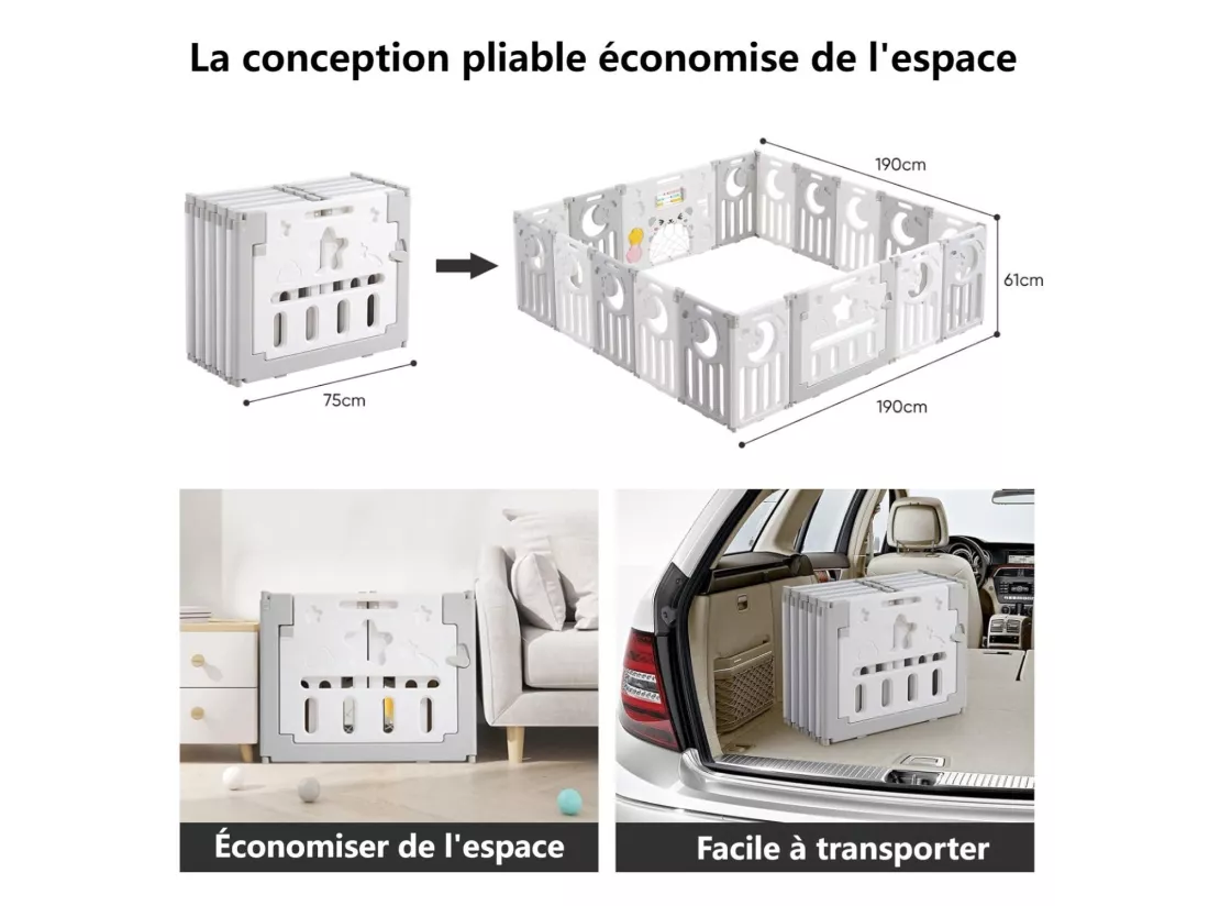 Parc Bebe Dripex - en Plastique Ecologique Gris - 16+2 Panneaux - avec Porte - 190 x 190 x 61 cm