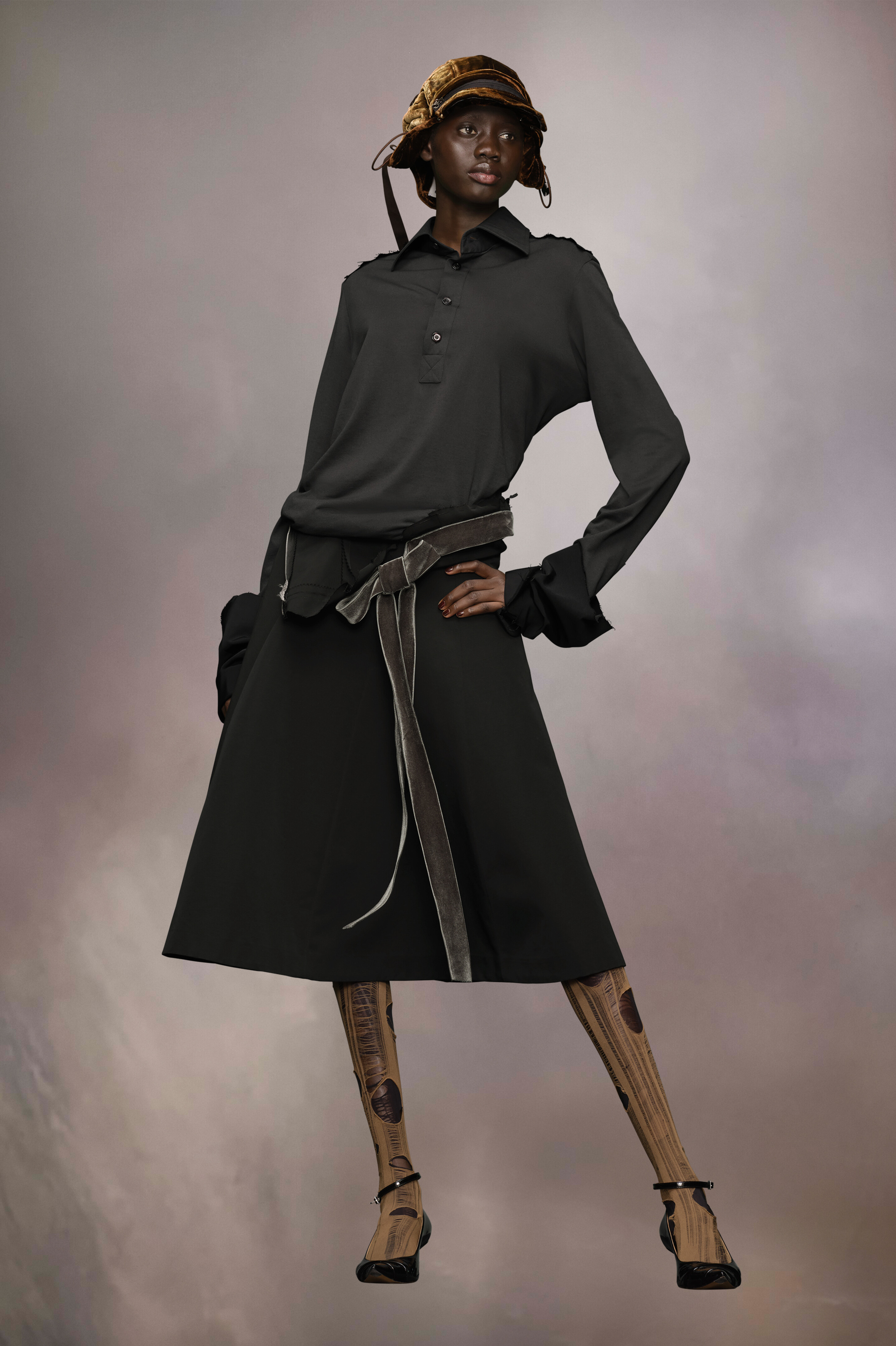 Black Long-sleeved Midi-shirt Dress