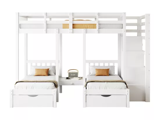 Lit d'enfant en bois massif 90*200 cm, lit superposé avec échelle de sécurité et table de chevet, design rail de sécurité, gris