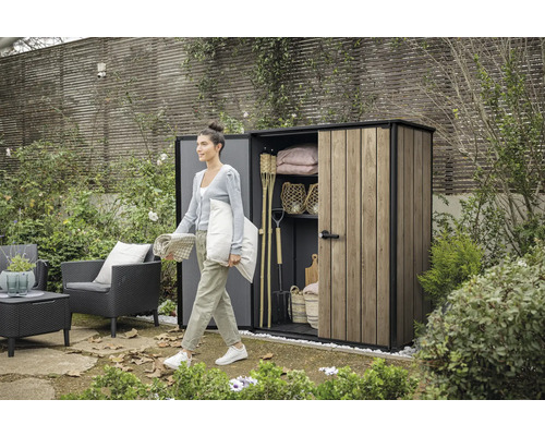 Keter Signature Ashwood Alto tuinkast inclusief 2 planken en beugels, 1400 L, houtlook, antraciet/bruin