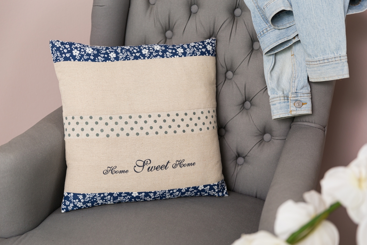 Kissen HOME SWEET HOME - beige-blau - 40x40 cm