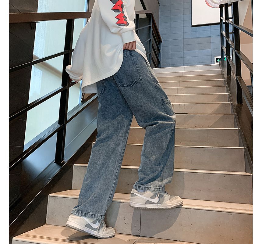 Trimecca - Mid Rise Washed Wide Leg Cargo Jeans