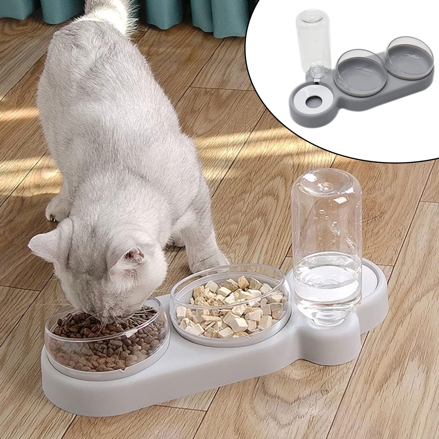 Haustier Futterstation mit 15° Grad Neigung Katzen Fress Napf   Wasser Spender Schale - Grau