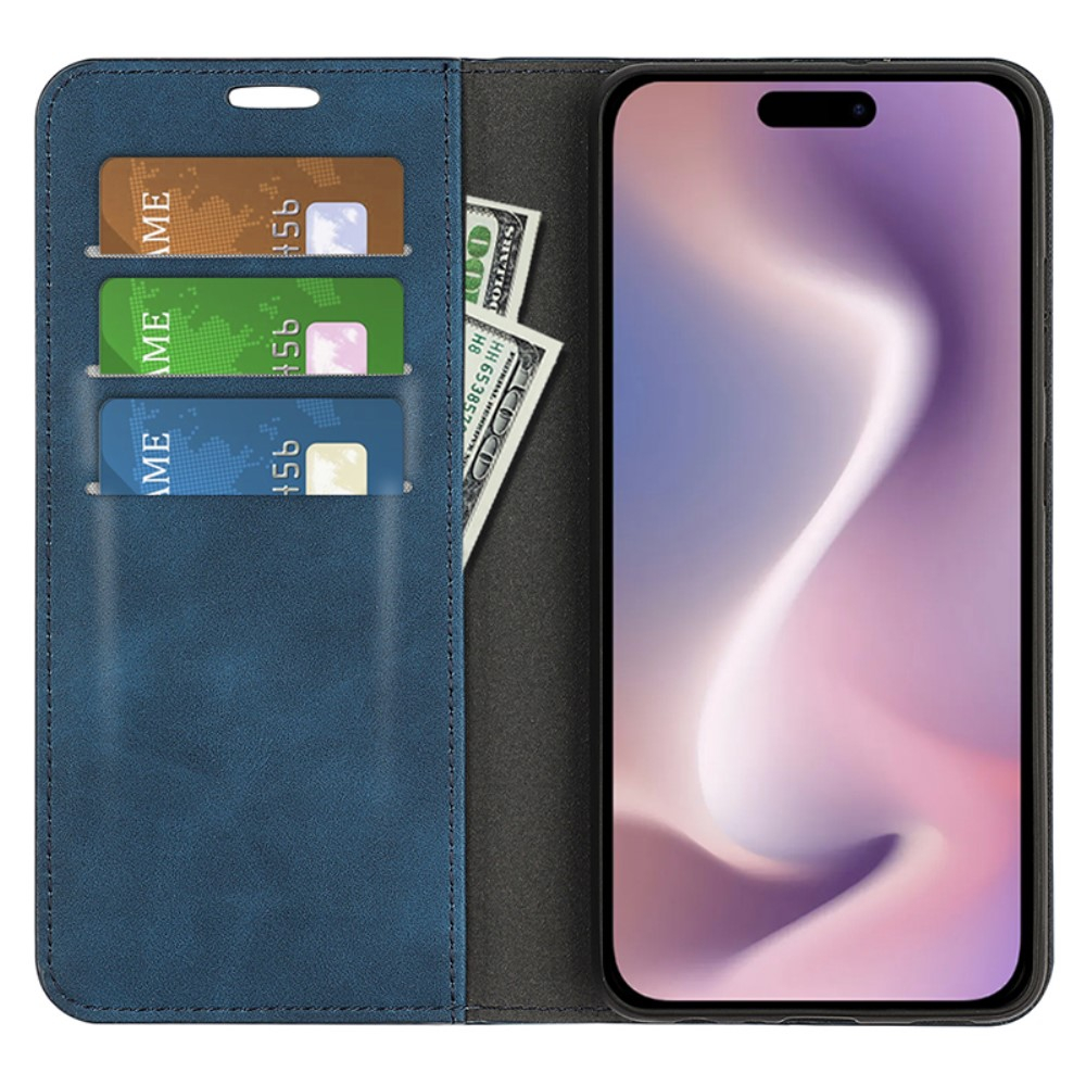 iPhone 16 Pro Vintage Leder Tasche Flip Cover Fashion Design - Blau