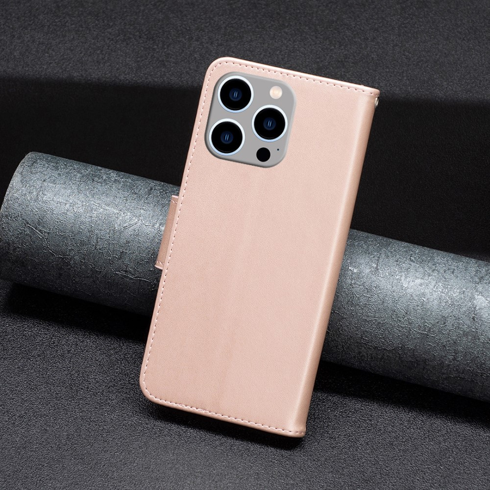 iPhone 15 Pro Max Leder Tasche mit Kartenfach   Handschlaufe Schmetterling - Roségold