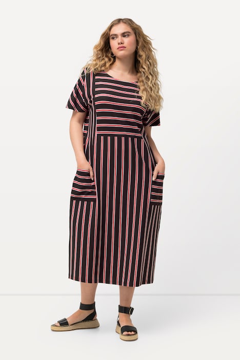 Jersey-Midikleid, Streifen, Oversized, Rundhals, Halbarm
