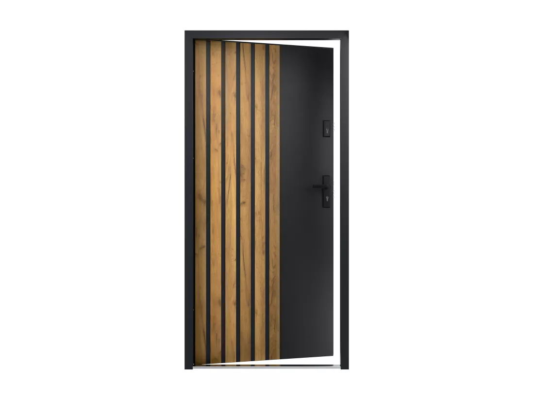Porte d'entrée pleine en acier H207 x L100 cm - Noir avec rayures effet chêne - poussant gauche - COBRITA