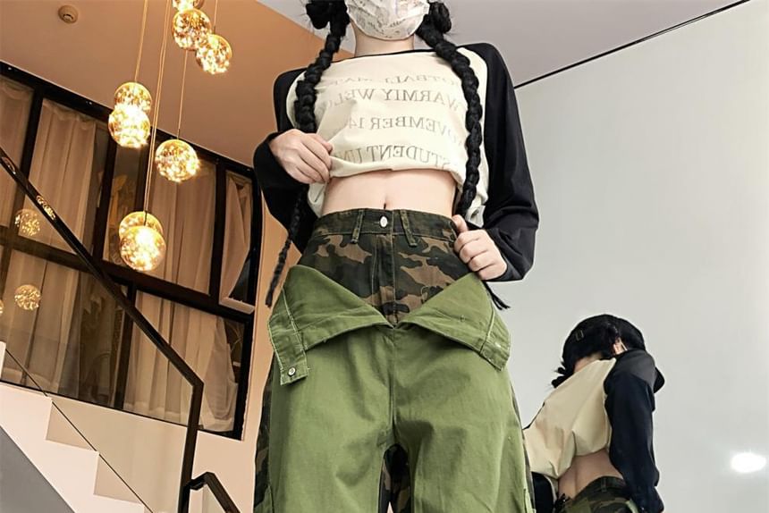 Vhancy - Hoge taille camouflage patchwork cargo broek met wijde pijpen