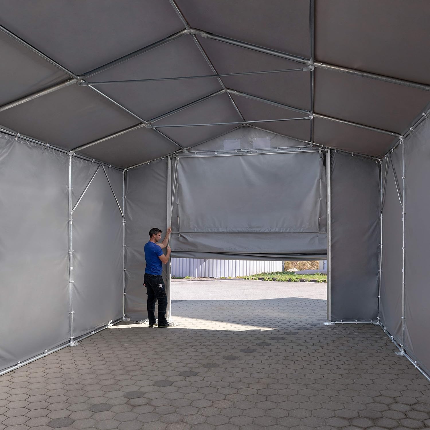 TOOLPORT Lagerzelt Industriezelt 4x8 m Zelthalle mit 3m Seitenhöhe PVC Plane 850 N grau wasserdicht Ganzjahreszelt mit Hochziehtor