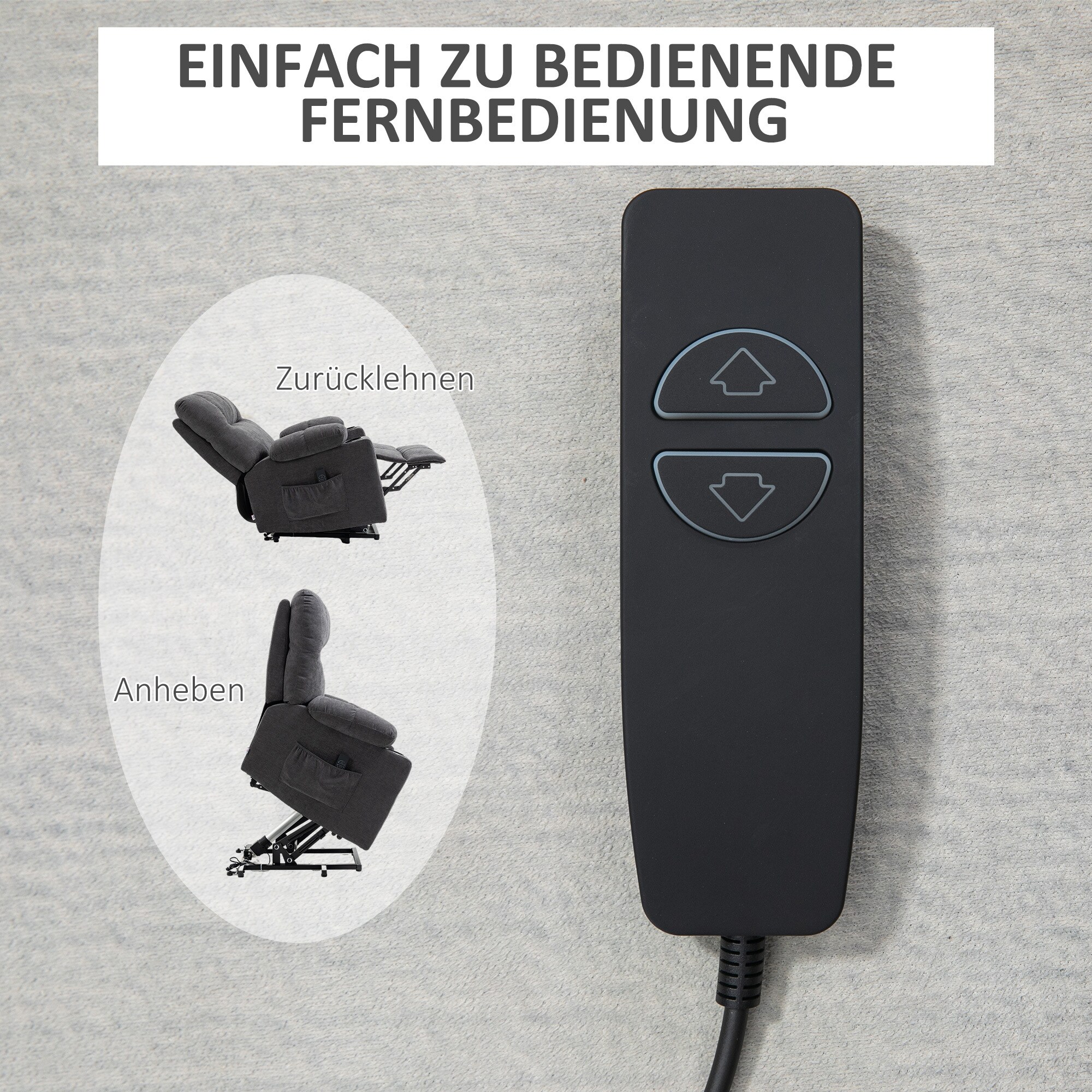 HOMCOM Aufstehsessel mit Liegefunktion und Getränkehaltern grau 91L x 95B x 109H cm