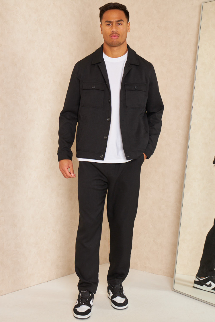 Ensemble 2 pièces surchemise + pantalon texture lin noir