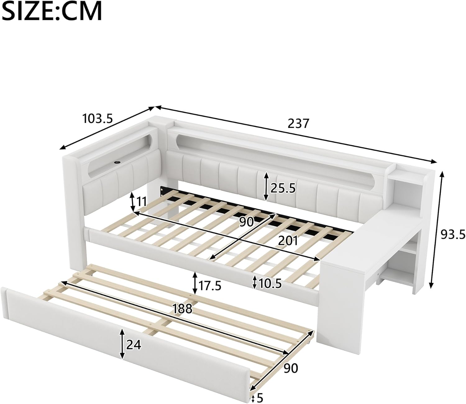 Polsterbett Schlafsofa 90x200 cm, Daybett mit Schreibtisch und Ausziehbett, Tagesbett mit LED und USB-Anschluss, Funktionsbett Gästebett mit Lattenrost, ohne Matratze, Weiß