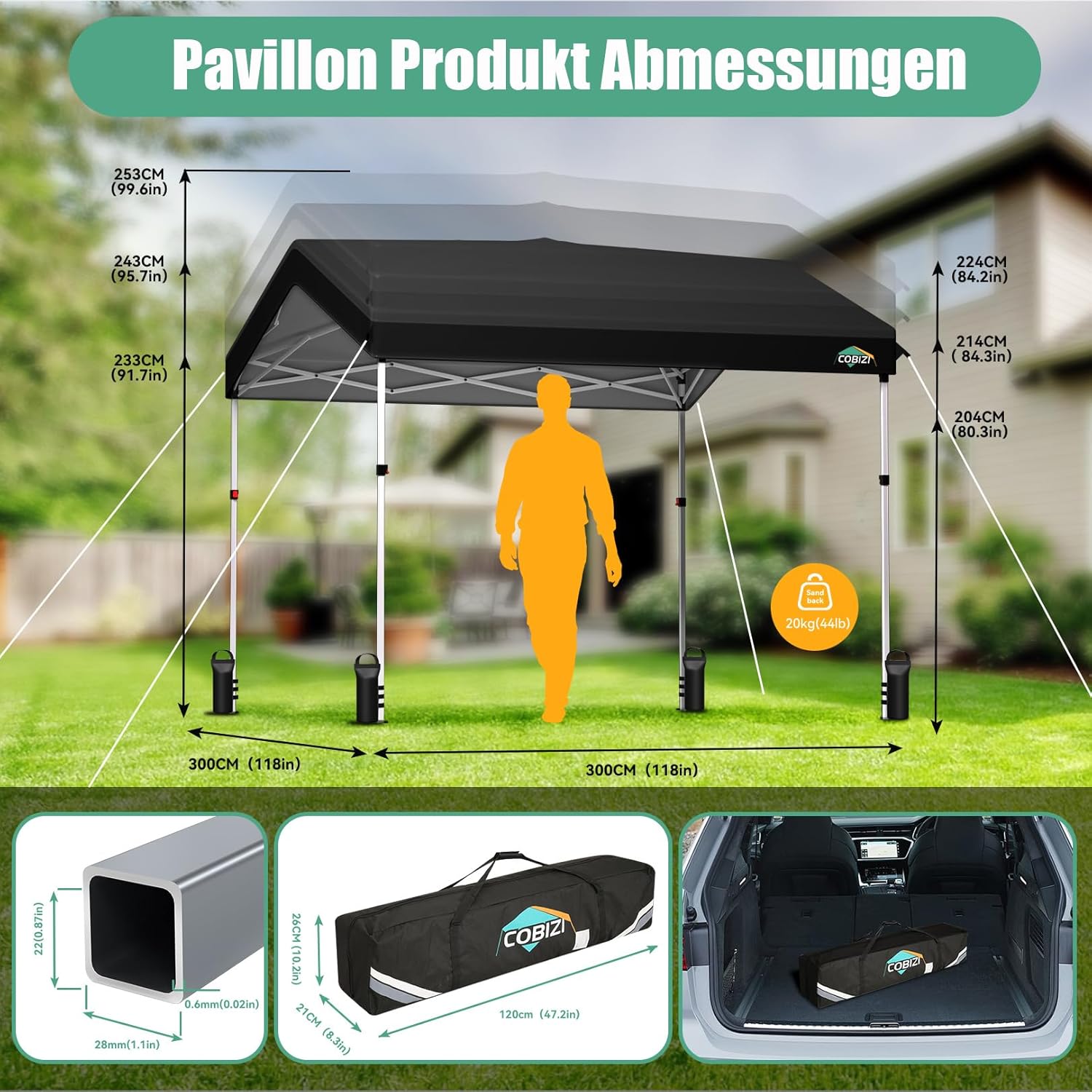 COBIZI Pavillon 3x3m, Faltpavillon 3x3 Wasserdicht Stabil One Push Pop up Carport Partyzelt mit 1 Seitenteilen & 4 Sandsack, 3 höhenverstellbar,Gartenpavillon für Camping Hochzeit UV-Schutz, Schwarz