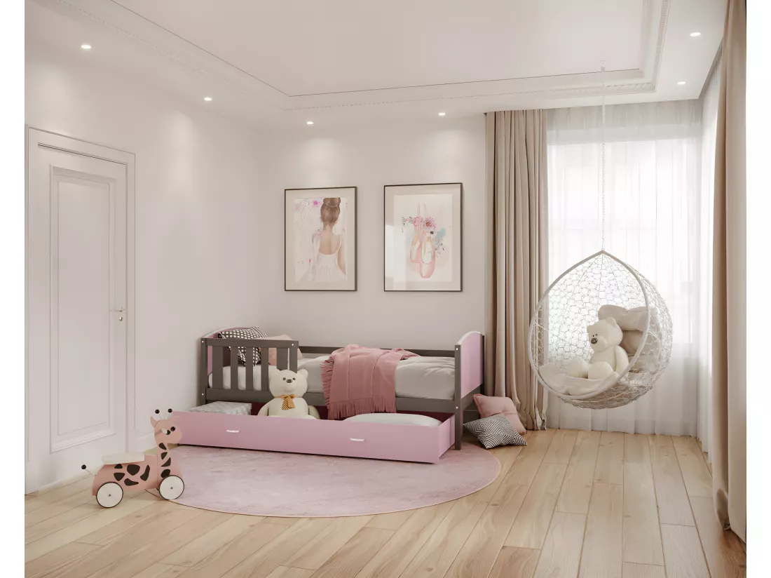 Lit Enfant Tami 90x190 ( Sans Matelas ) Gris - rose Livré avec le sommiers et tiroir.
