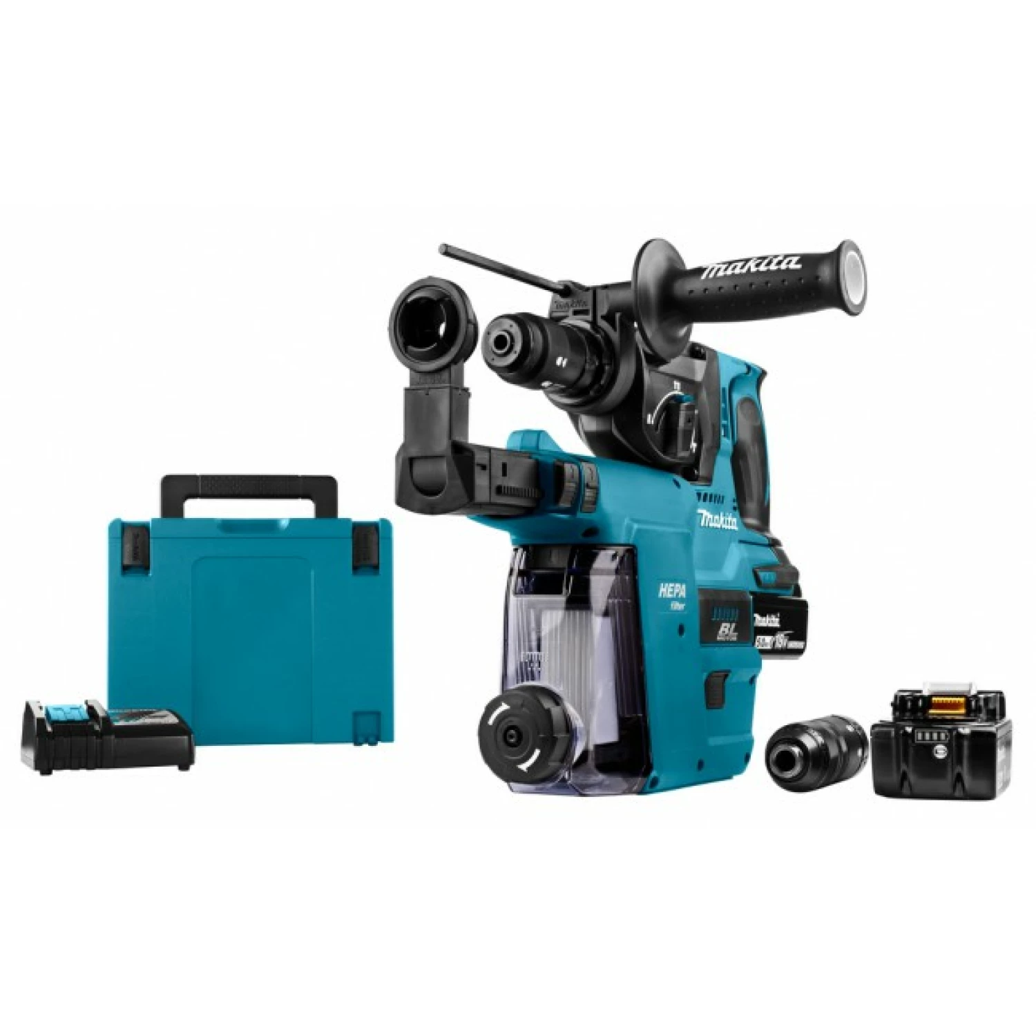Makita DHR243RTJW 18V Li-Ion Accu SDS-plus combihamer incl. snelspanboorkop en stofafzuiging set (2x 5.0Ah accu) in Mbox - 2J - koolborstelloos