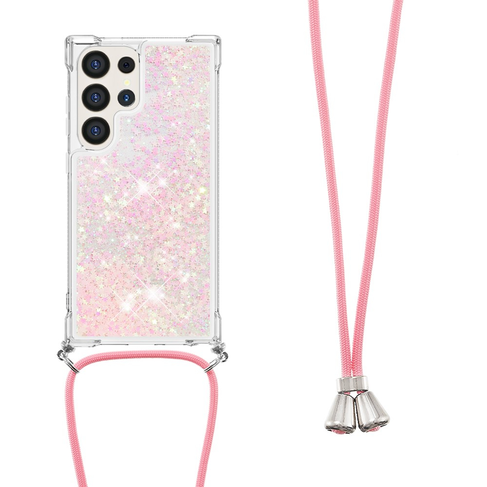 Samsung Galaxy S24 Ultra Necklace Gummi Hülle Liquid Glitzer   Handykette (130cm) - Rosa