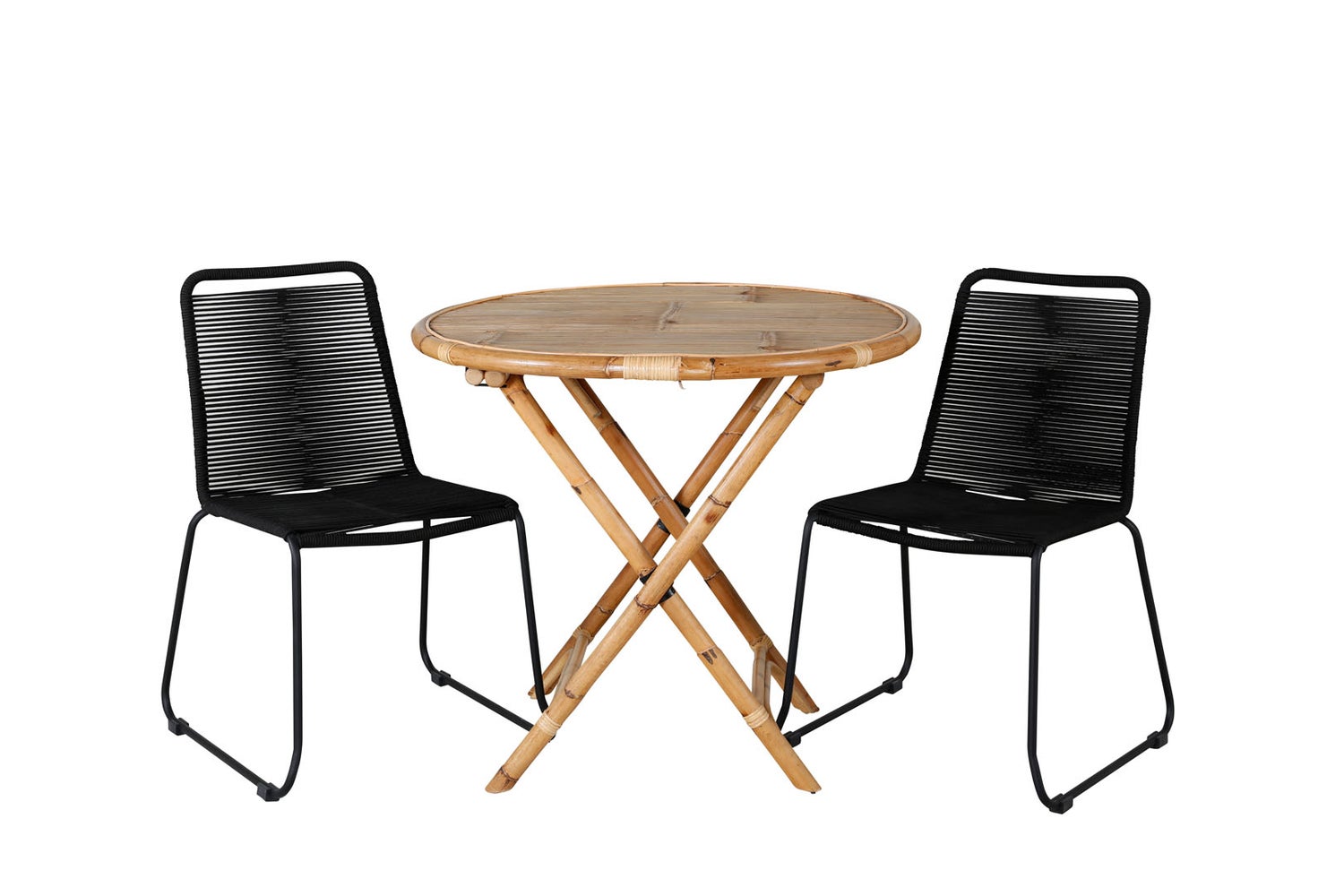 Tuinset van riet, tafel Ø80cm en 2 stoelen, S Lindos, zwart, naturel. 80 x 80 x 80 cm
