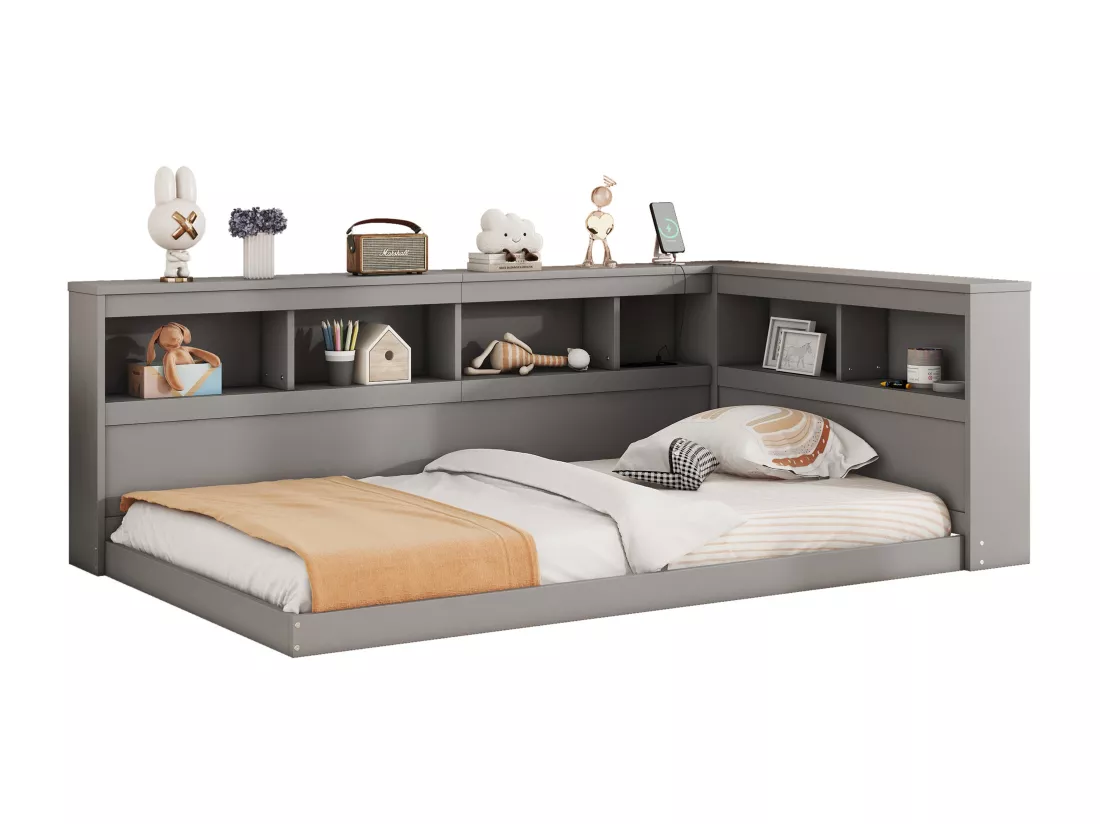 Lit banquette 90x200cm - avec Ports de USB et rangements - Gris