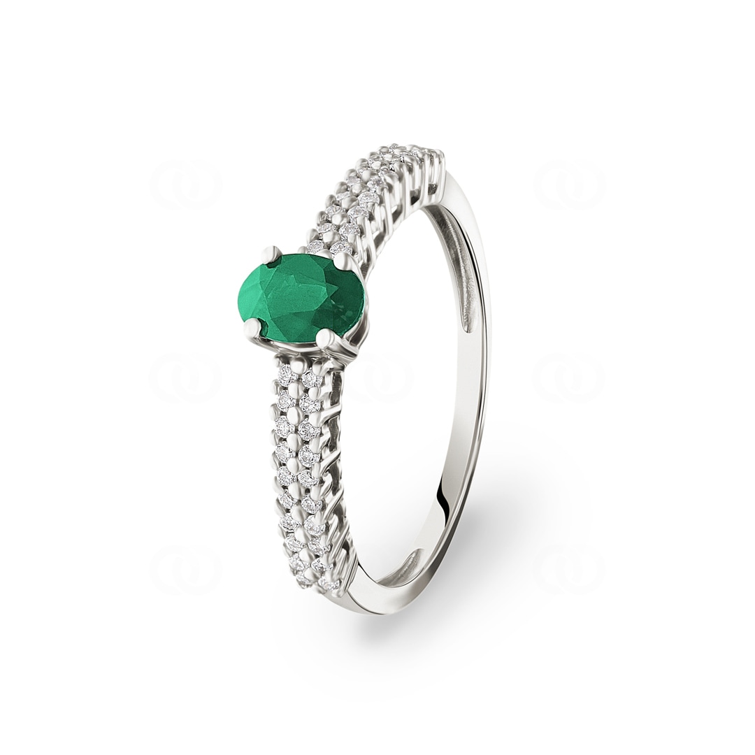 Damenring 750/18 K Weissgold mit Smaragd oval und Diamanten 0.16 ct H/si