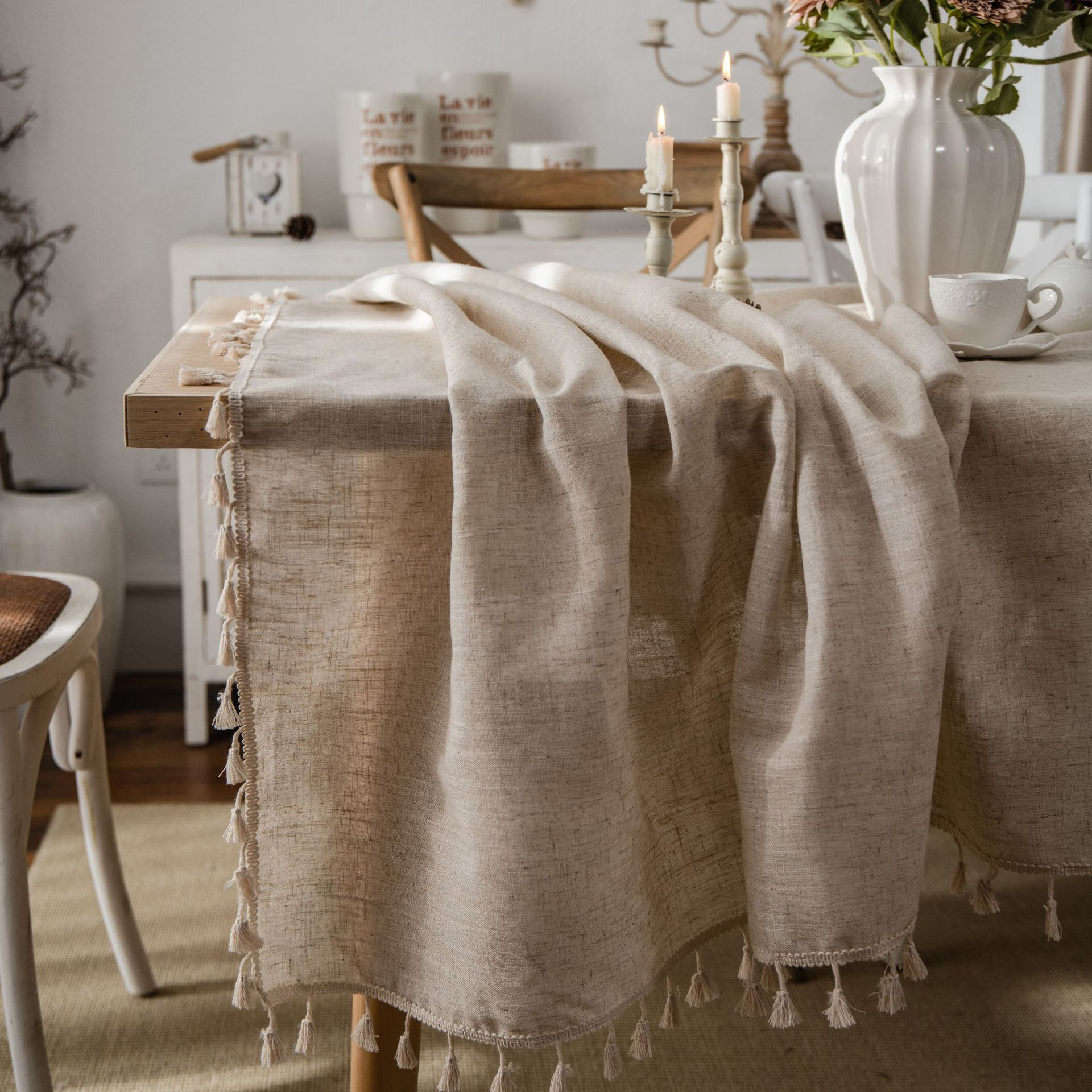 (140x260cm) Canvas Tischdecke Esszimmer Boho Deko Hygge Lifestyle Tisch Tuch mit Quasten - Beige
