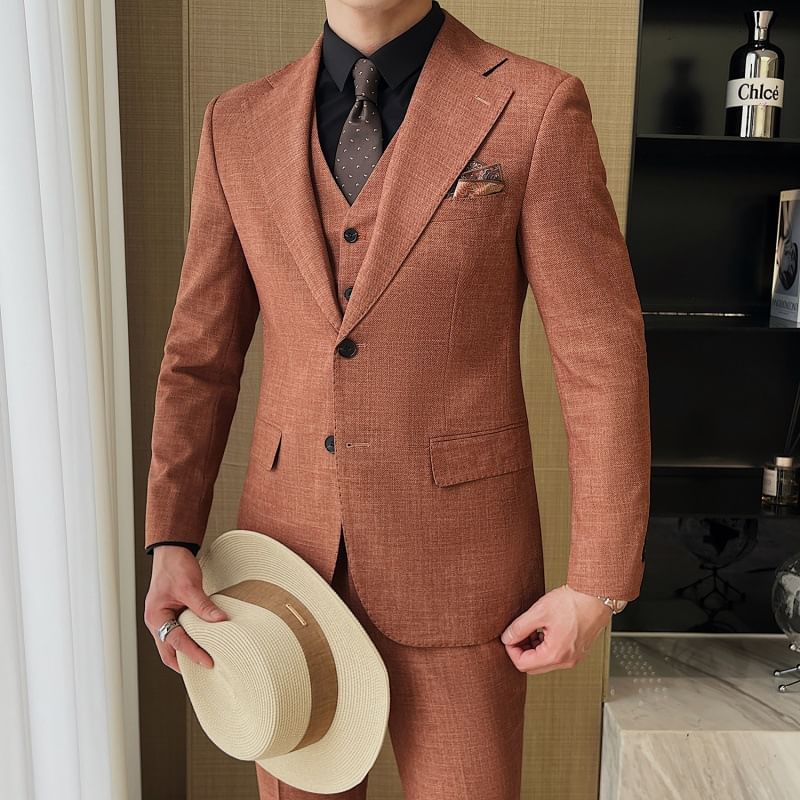 Sheck - Set: Reverskraag Melange Enkelrijs Blazer + V-hals Vest + Middelhoge Rechte Broek