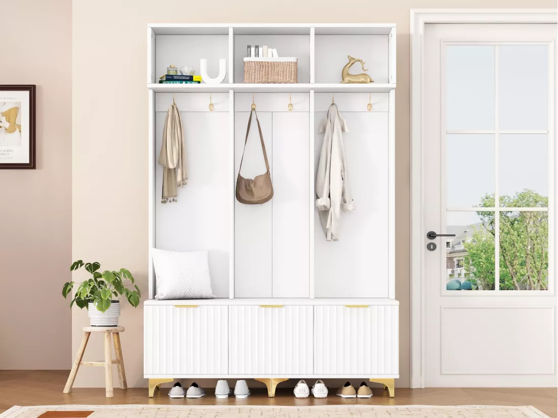 Vestiaire multifonction - avec banc à chaussures et patères - Blanc