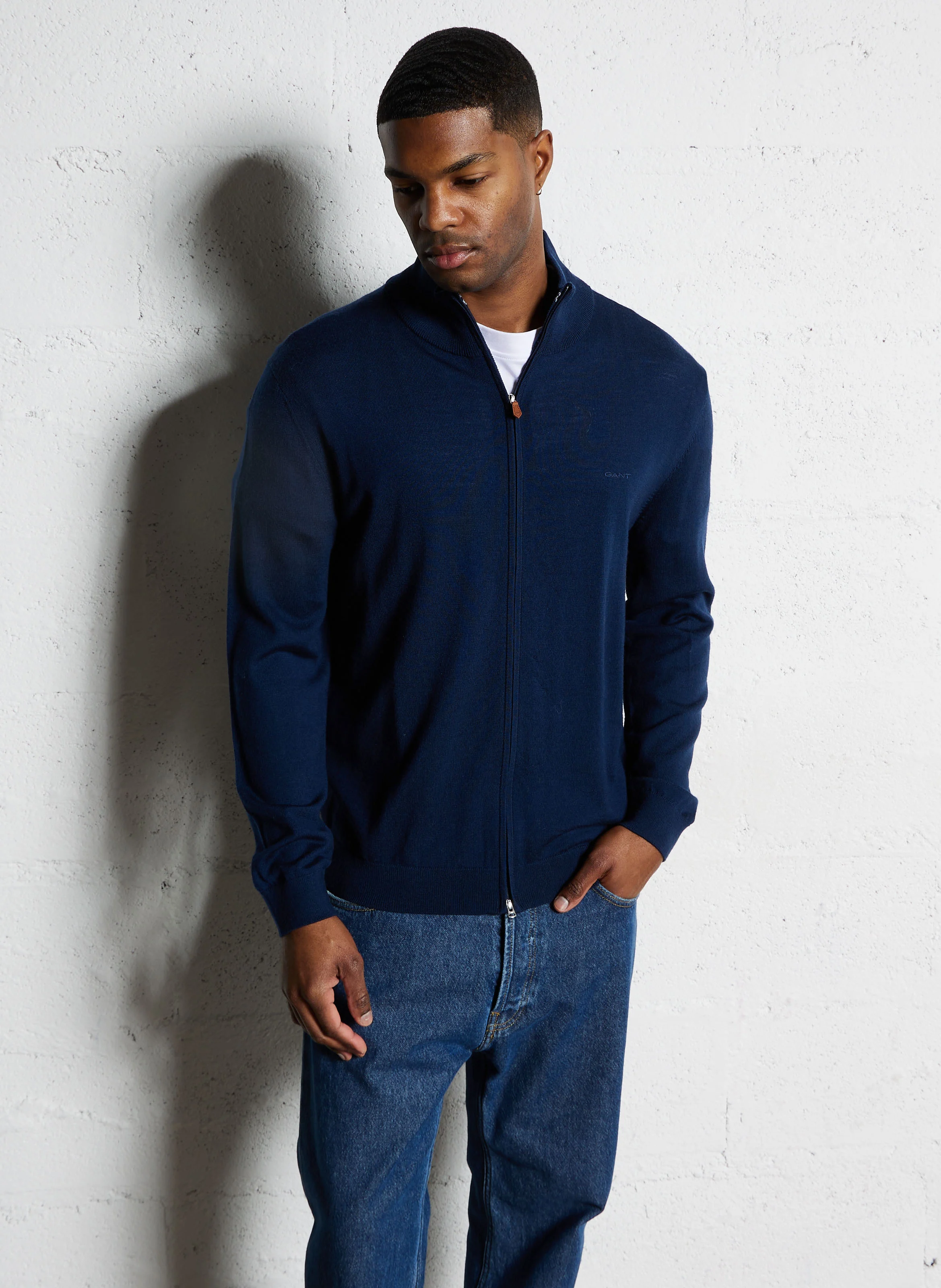 Gilet droit col montant en laine | Bleu