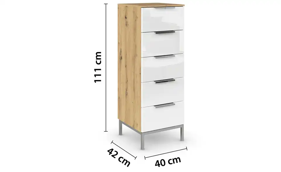 Kommode Eiche Artisan (Nachbildung) Front: Glas, Oberboden: Dekor 40 cm verchromt