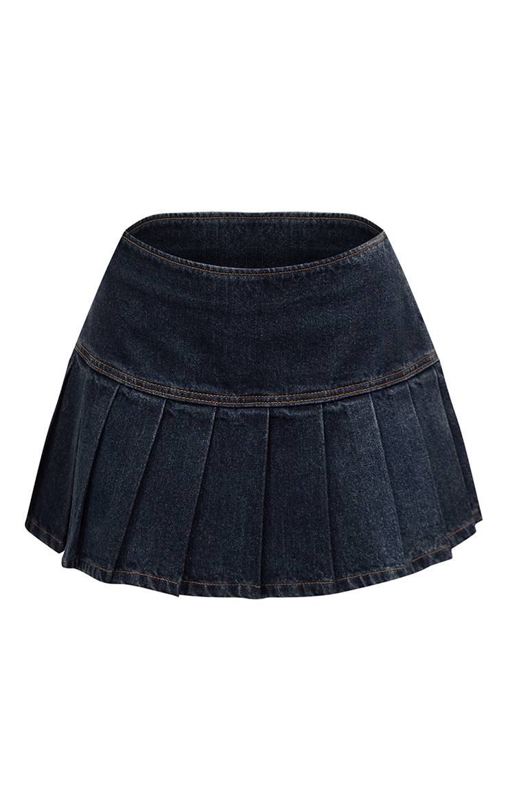 Délavage Vintage Mini-jupe Plissée En Denim Indigo Brut Taille Mi-haute