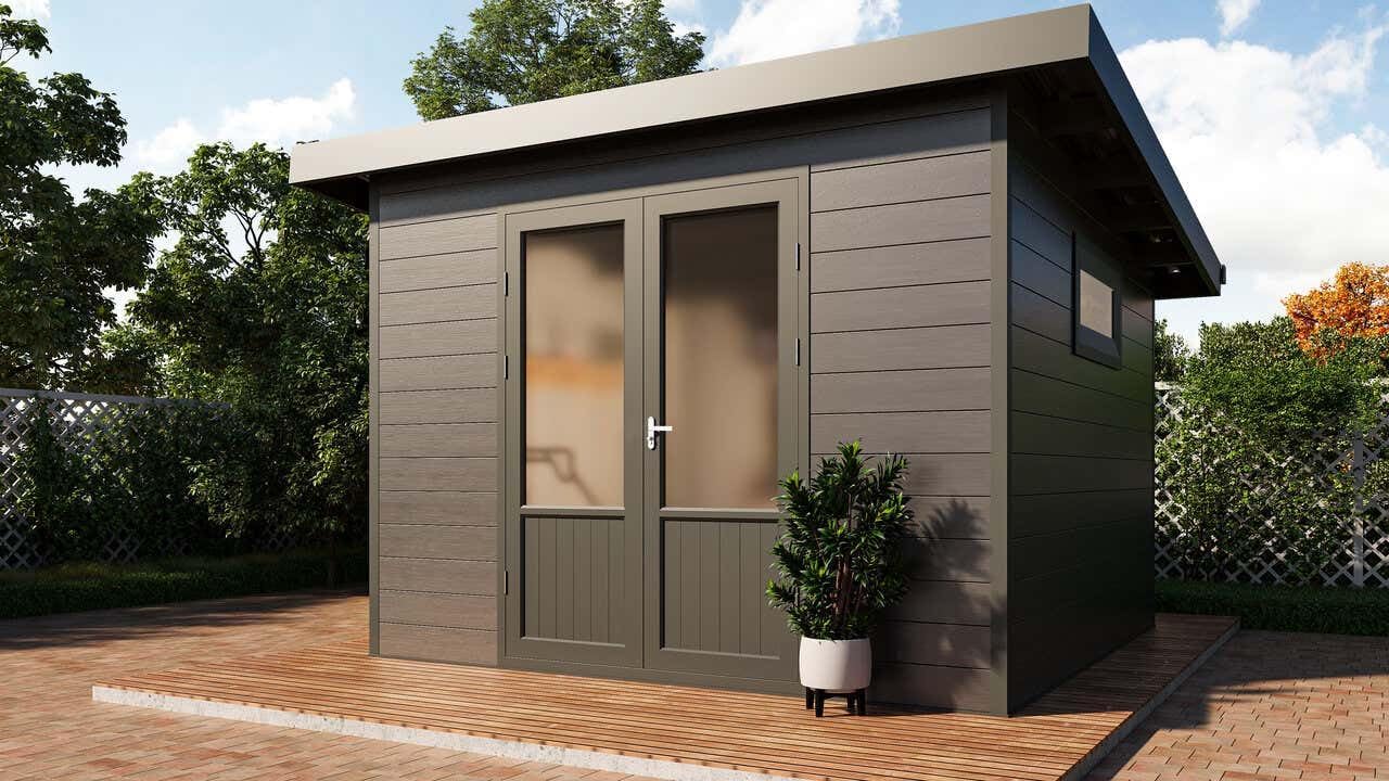Finnhaus Wolff WPC Gerätehaus Terra 3030 28 Anthrazit/Hellgrau Gerätehaus aus Holz/Kunststoff in Anthrazitgrau, Geräteschrank mit 28 mm Wandstärke Gartenhaus