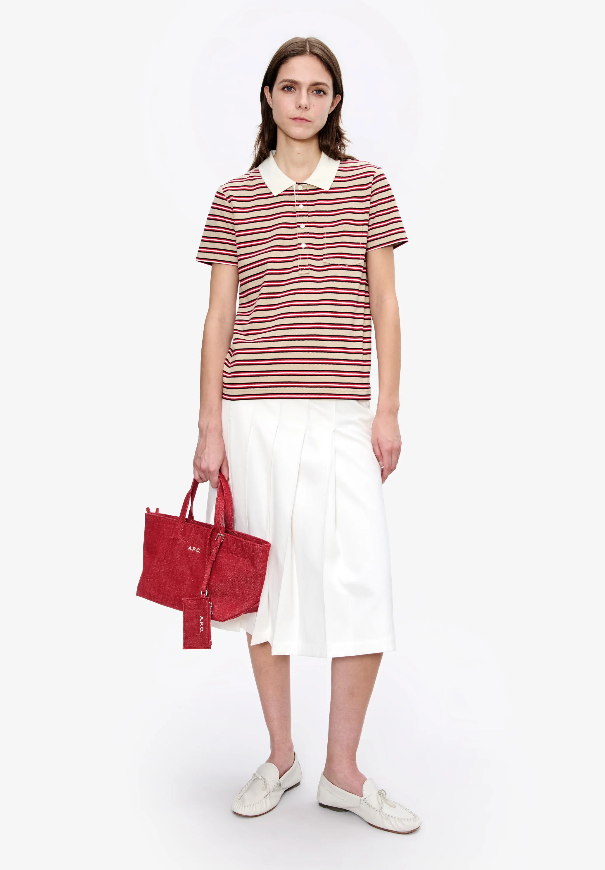 Polo rayé beige en coton piqué - Beige fonce