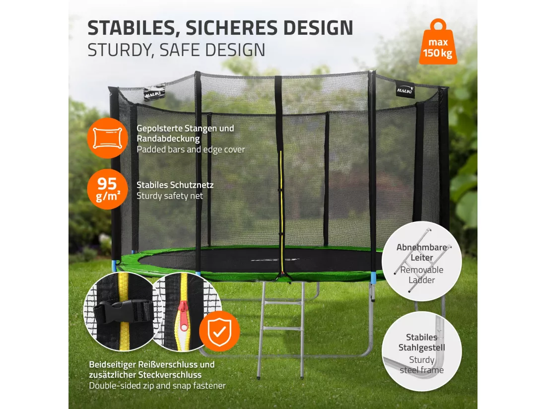 Hauki Trampoline Outdoor, Ø427 cm, vert, certifié GS, trampoline de jardin rond pour enfants jusqu'à 150 kg, set complet avec filet de sécurité, échelle, couverture des bords, barres rembourrées, trampoline stable pour enfants