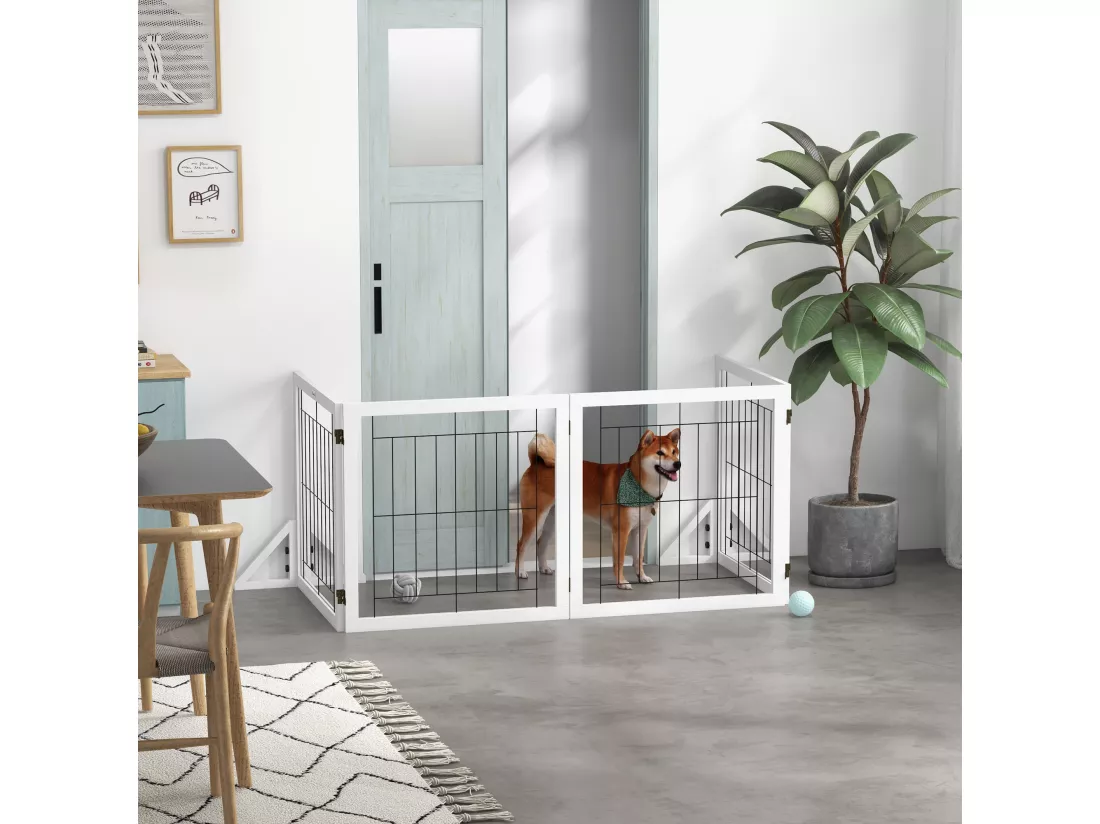 Barrière de sécurité pour animaux autoportante - barrière modulable pliable 4 panneaux - 2 pieds support - acier noir bois blanc