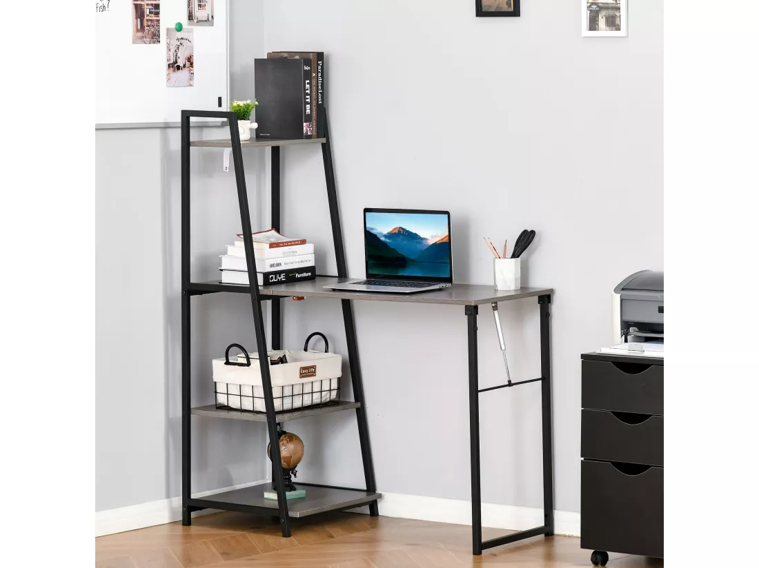 Bureau pliable rabattable - bureau bibliothèque 2 en 1 - 4 étagères - imitation bois gris métal noir
