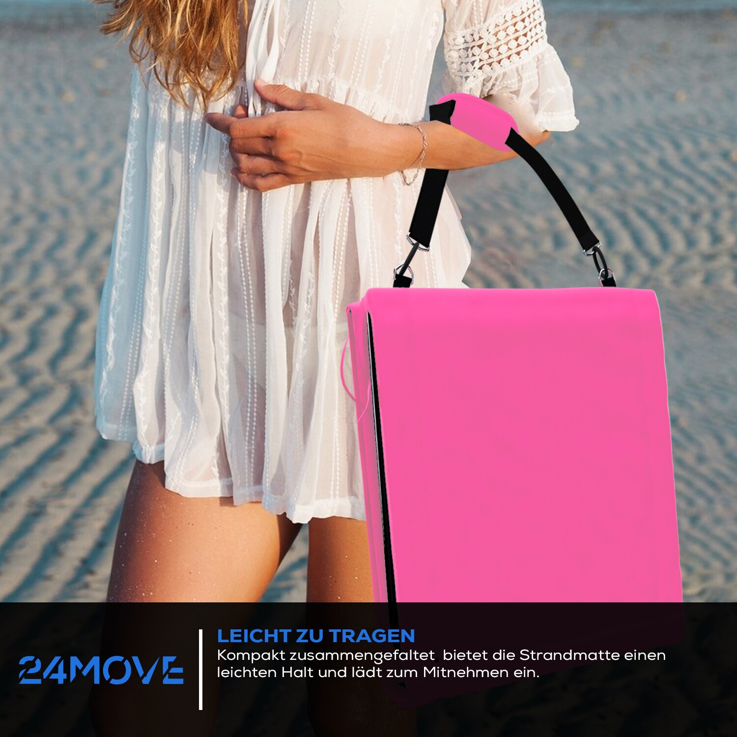 24MOVE® Strandmatte 1er Set klappbar mit Rückenlehne, Strandliege mit Gurt, tragbar für Strand und Garten, Liegematte rosa