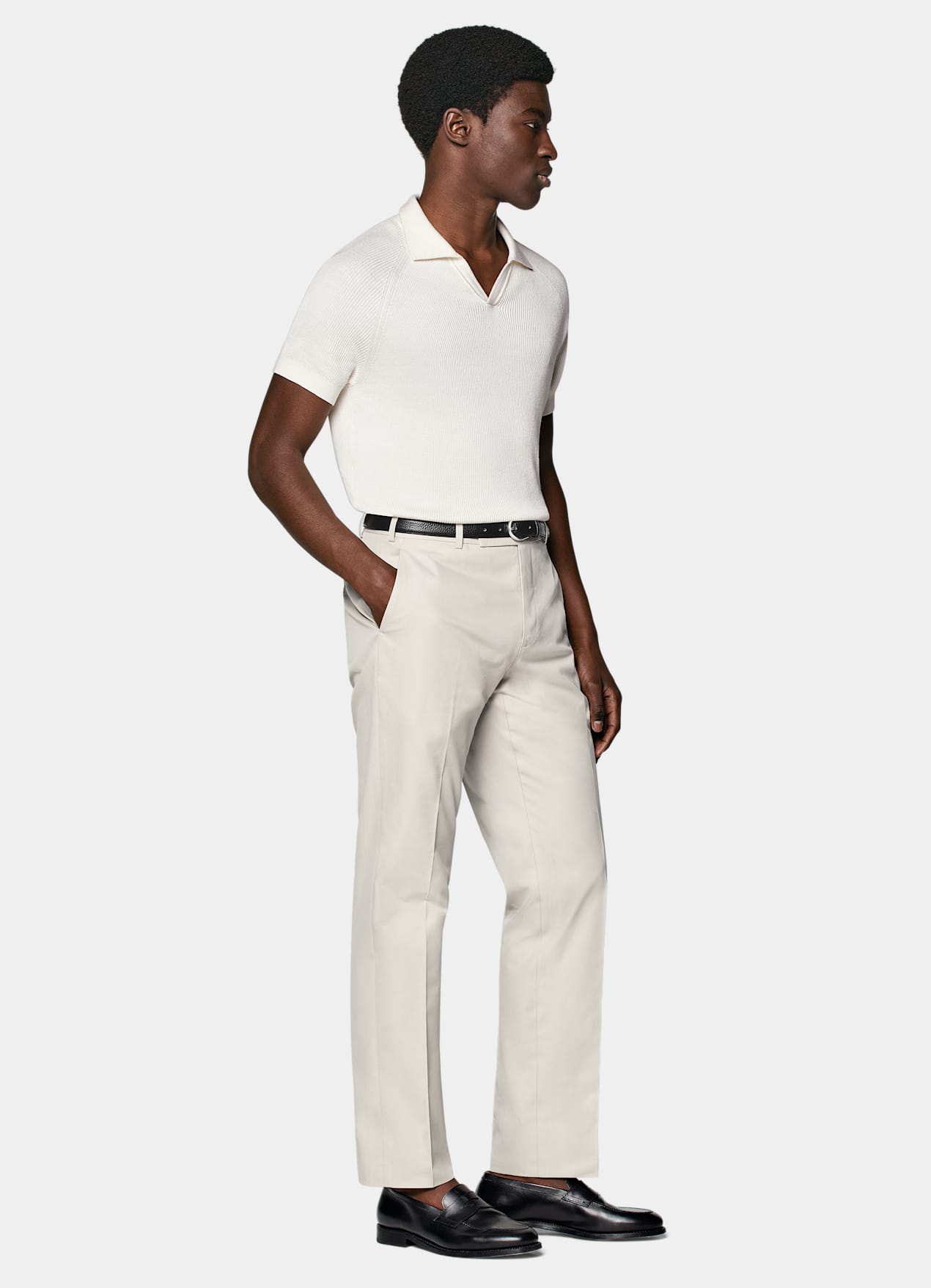 Polo sans boutons côtelé blanc cassé