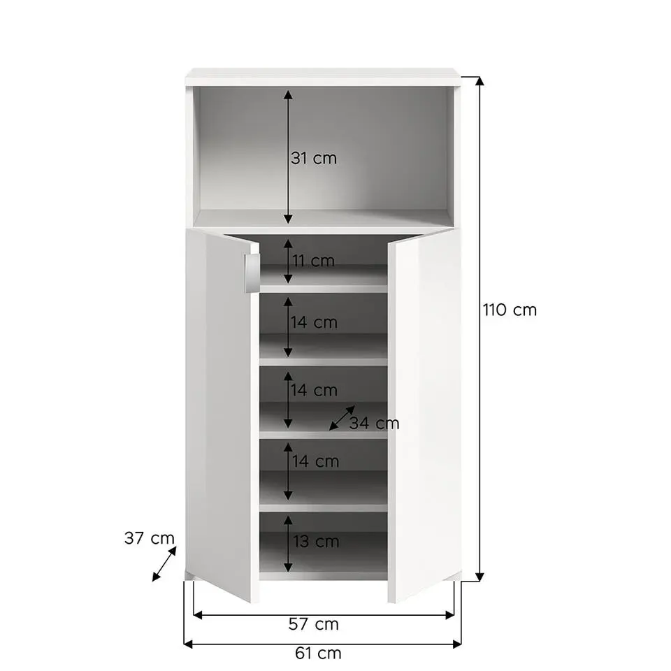 Hioshop ProjektX schoenenkast 2 deuren 1 vak wit hoogglans