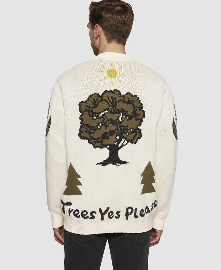 Knowledge Cotton Apparel Jacquard Trees Yes Please V-neck cotton knit cardigan - GOTS Egret