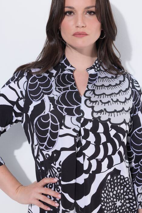 Slinkykleid, grafisches Design, V-Ausschnitt, 3/4-Arm, schneeweiß