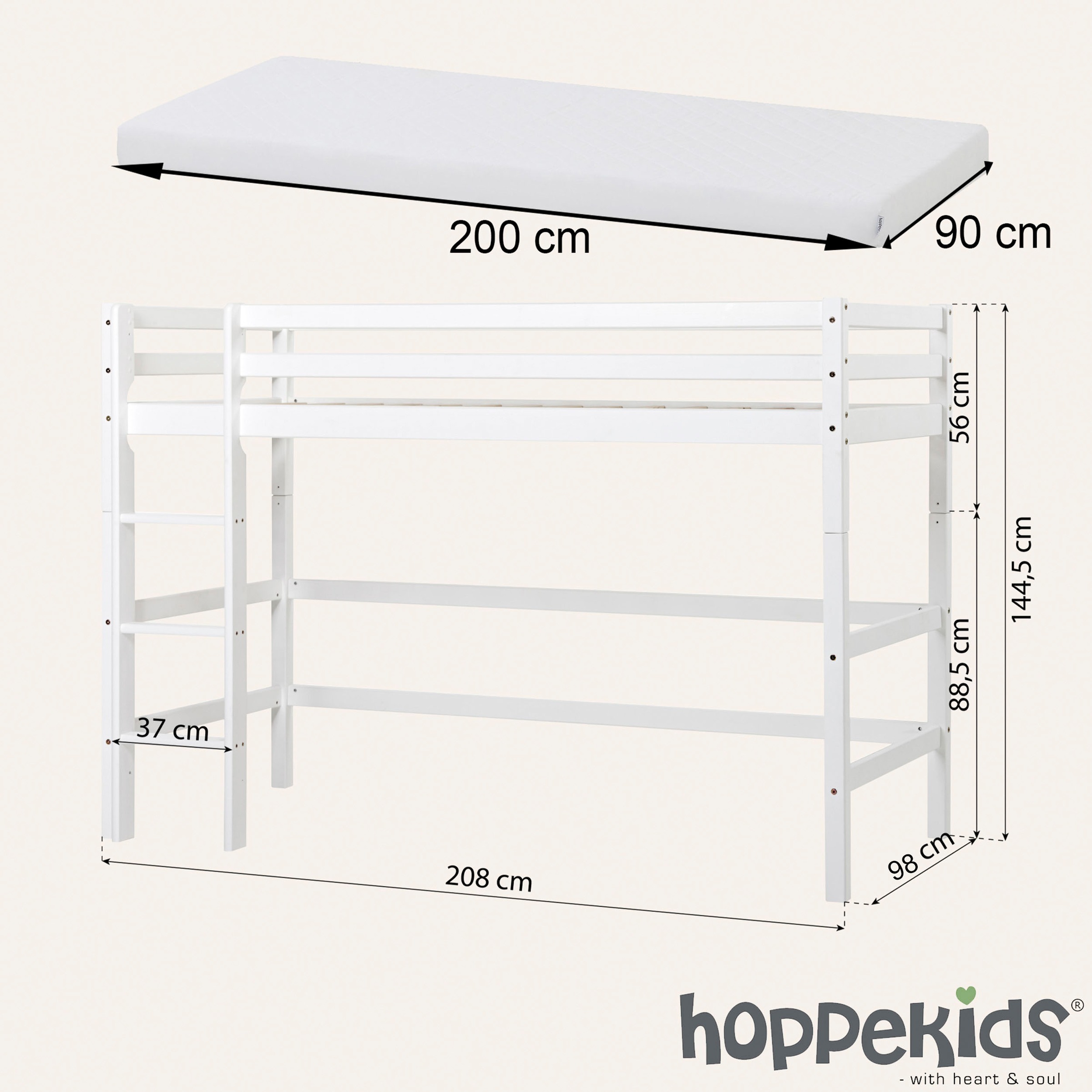Hoppekids Hochbett »Winter Wonderland» 90x200cm mit Vorhang & Matratze« Set,  FSC® zert Massivholz, 10 Jahre Garantie auf Fertigungsfehler