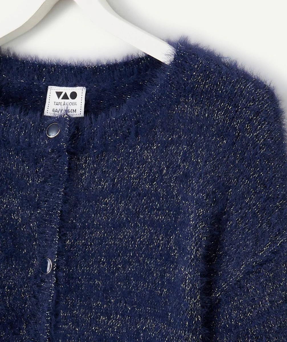 CARDIGAN POILU FILLE BLEU MARINE AUX EFFETS PAILLETÉS DORÉS
