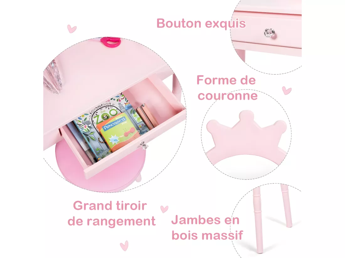 Coiffeuse avec Tabouret de Filles,Table de Maquillage pour Enfants, Style Princesse Européenne avec Tiroir et Miroir (Rose)