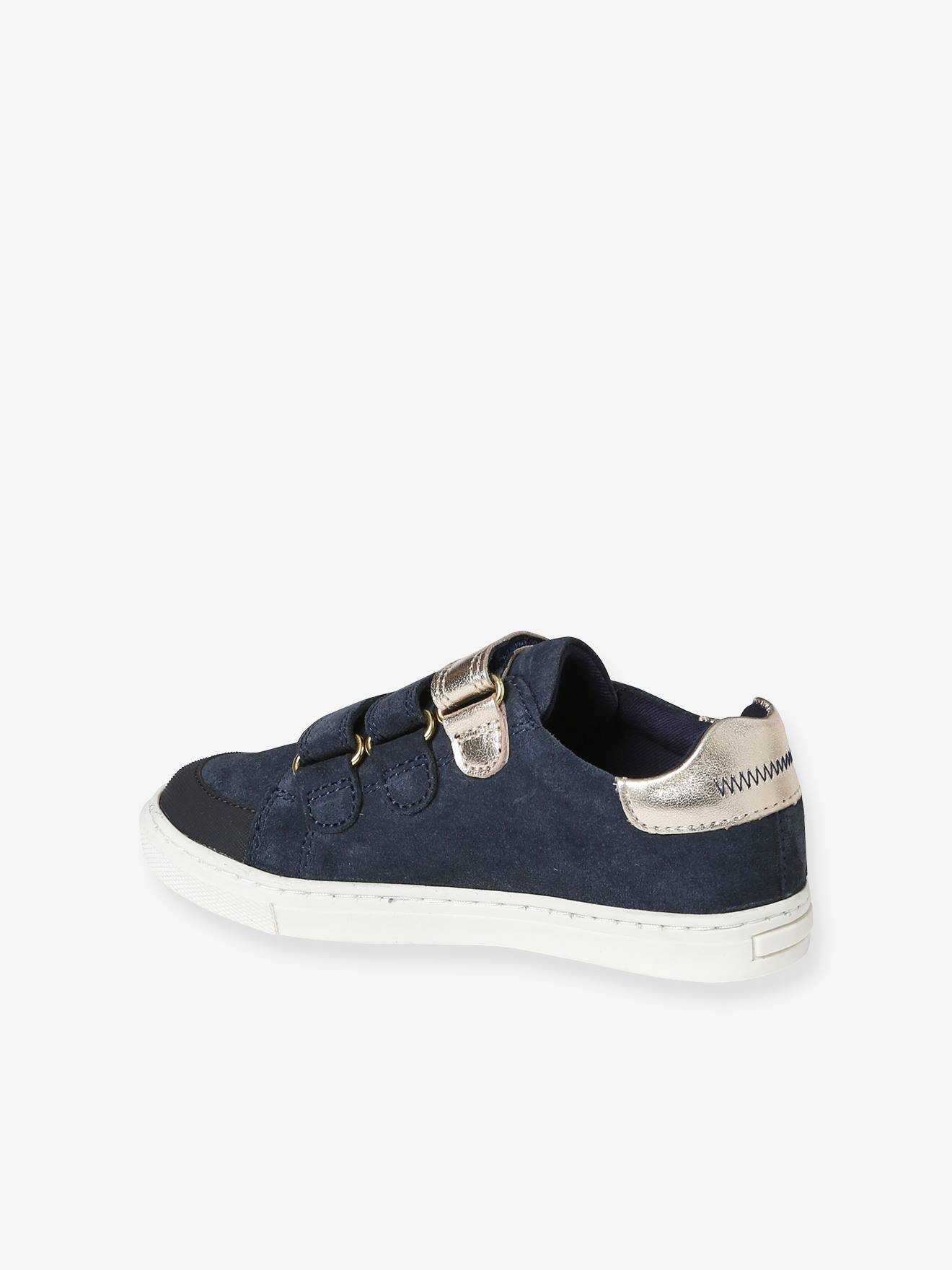 Tênis de couro azul marinho com fecho de velcro para meninas