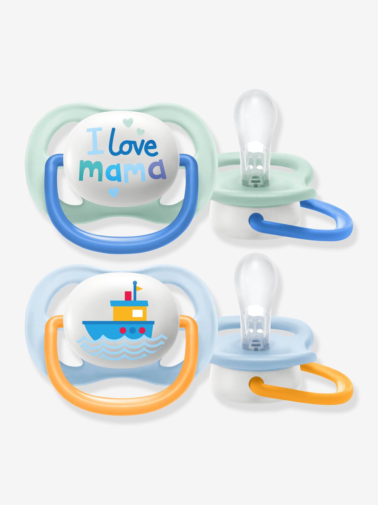 Lote com 2 chupetas Philips AVENT Ultra Air Animals, para bebês de 1ª geração, brancas, lisas com estampas.