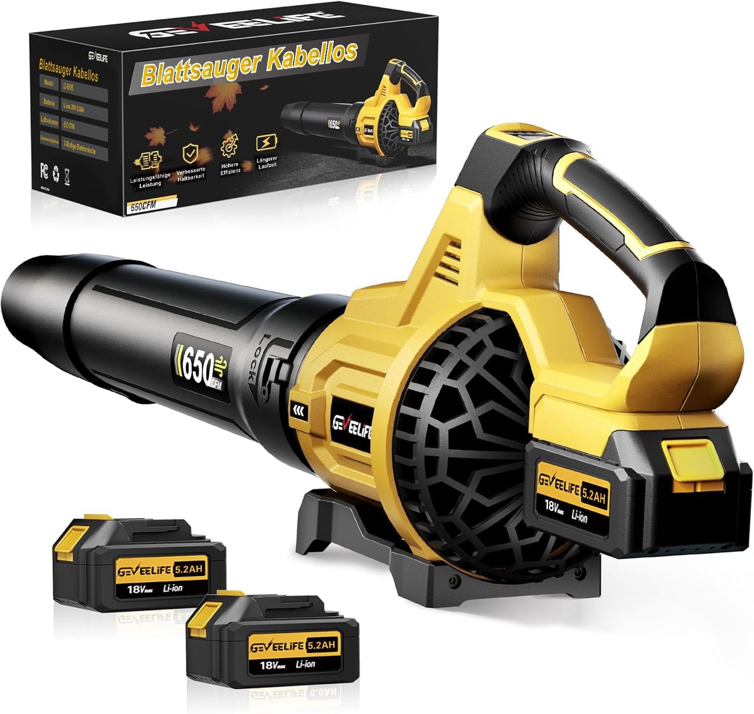GEVEELIFE Akku-Laubbläser, 18V 257 km/h Elektrischer Laubbläser mit 3-Gang & 2x5,2Ah Akkus –Kabellos laubbläser für für Garten, Laub,Staub & Schnee (Inklusive Batterie), Gelb