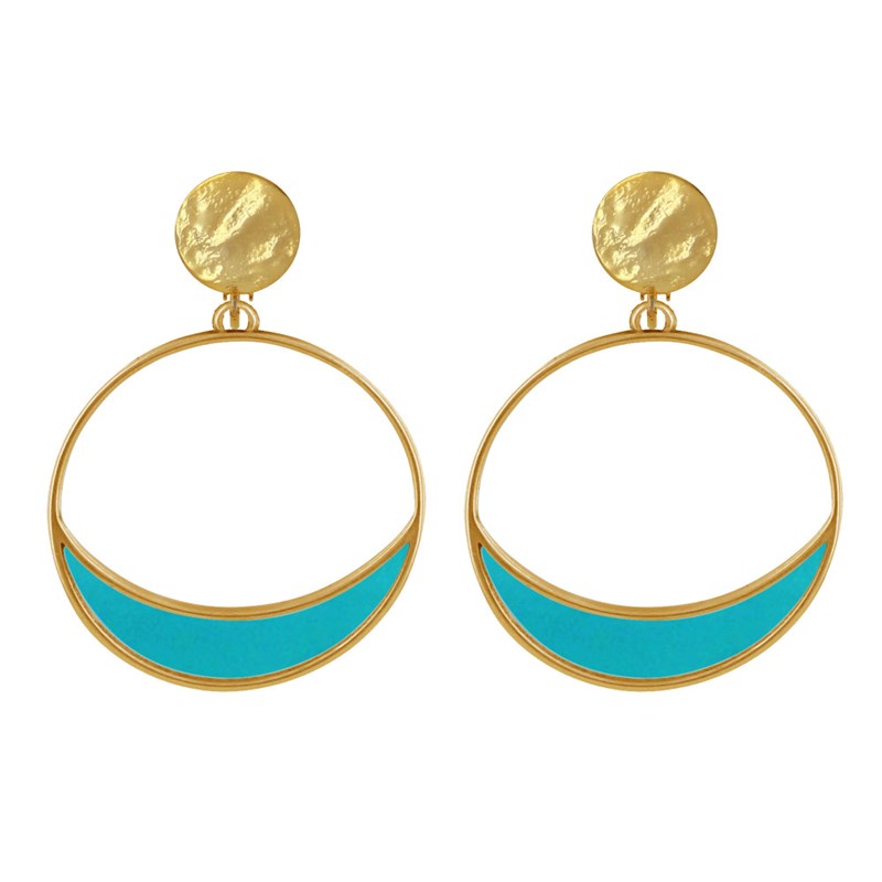 Boucles d'Oreilles Clip Métal Doré Cercle et Croissant de Lune Translucide Coloré