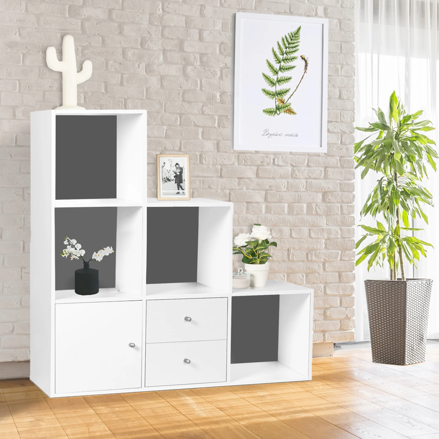 Meuble de rangement en escalier LIAM 3 niveaux bois blanc fond gris avec porte et tiroirs