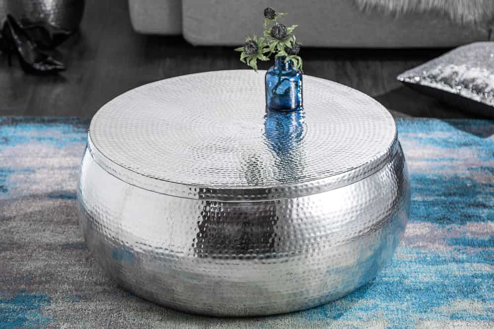 Runder Couchtisch ORIENT STORAGE 70cm silber Metall mit Stauraum Hammerschlag Design handmade