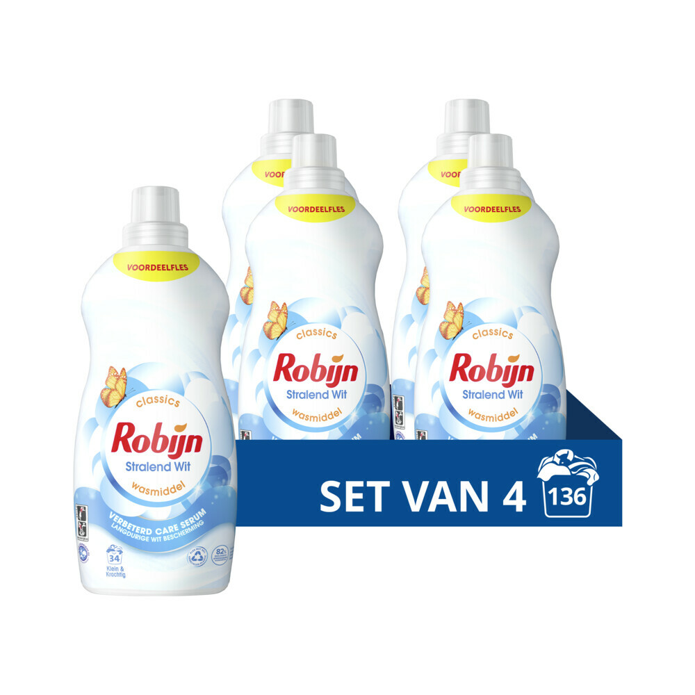 4x Robijn Klein & Krachtig Wasmiddel Stralend Wit 34 Wasbeurten1,19 liter