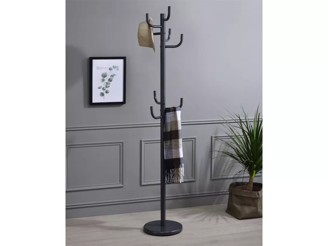 Porte-manteaux MILA portant pour vêtements sur pied hauteur 174 cm socle rond et 8 crochets, meuble d'entrée en métal laqué gris